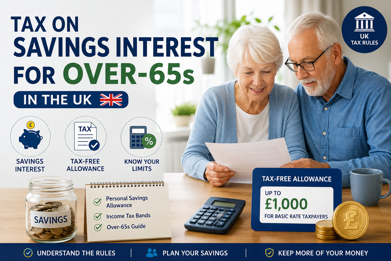 Older couple reviewing their savings account statement and tax allowances at the kitchen table
